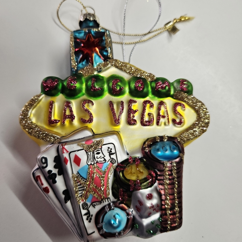 Las Vegas Hand Blown Glass Christmas Ornament Poker Cards Craps Dice 5x4x1"